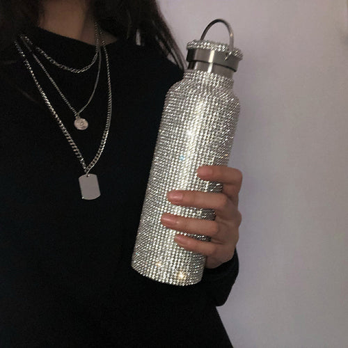 350/500/750ml Bling Stainless Steel Water Bottle - Sparkling Tumbler Cup with Leakproof Lid, Elegant Rectangular Design for Hot & Cold Drinks, Perfect Christmas, Mother'S Day, Graduation Gift for Adults, Hand Wash Only, Holid