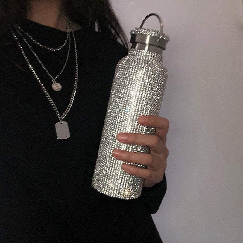 350/500/750ml Bling Stainless Steel Water Bottle - Sparkling Tumbler Cup with Leakproof Lid, Elegant Rectangular Design for Hot & Cold Drinks, Perfect Christmas, Mother'S Day, Graduation Gift for Adults, Hand Wash Only, Holid