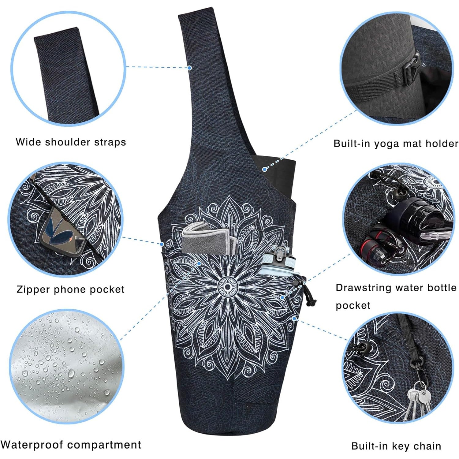 Yoga Mat Bag- Large Opening Long Tote Yoga Mat Carrier Holder Bag with High Quality Wet Zipper Pocket and Drawstring Water Bottle Pocket- Yoga Bag Fit Most Size Mats