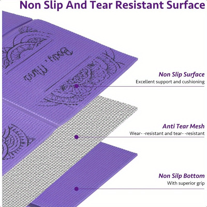 Foldable Yoga Mat for Women Non Slip Exercise Mat for Home Gym 5mm Travel Yoga Mats Set With Stretch Strap for Yoga Pilates and Fitness 68"L x 24"W x 0.2 Inch Thick