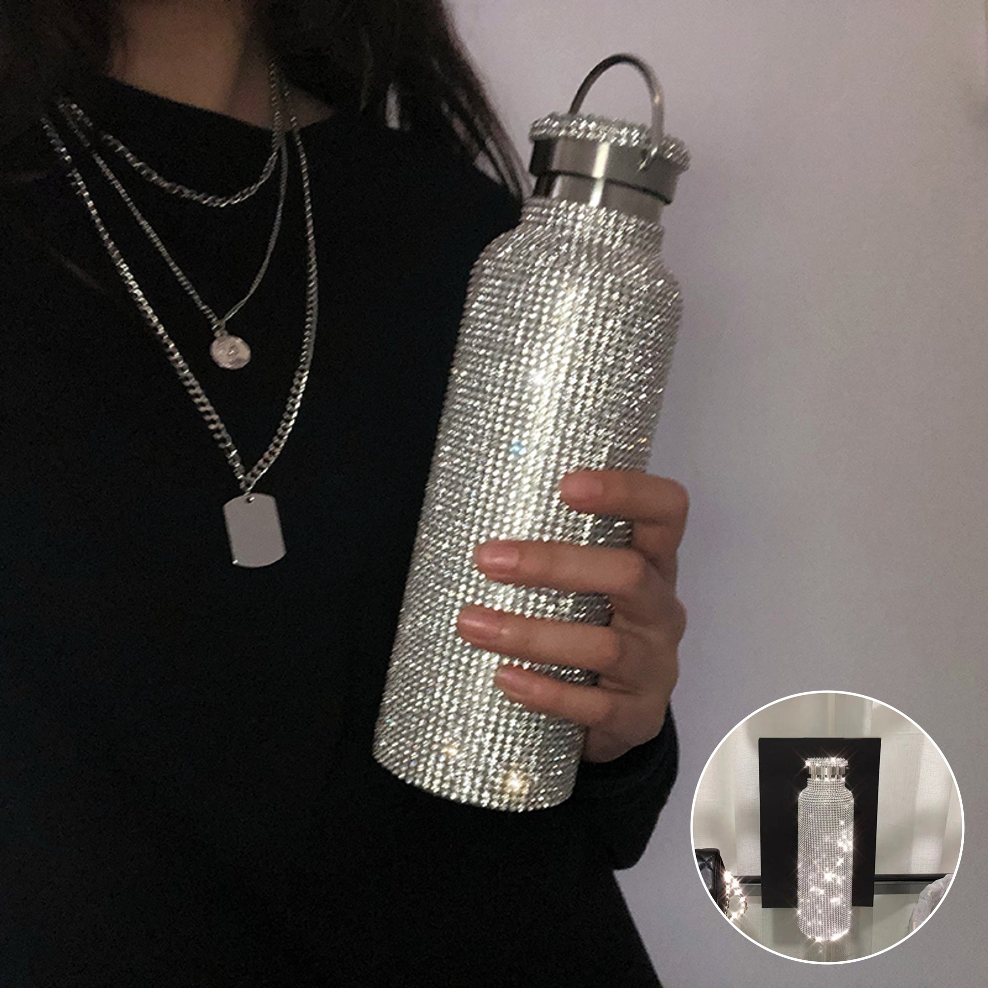 350/500/750ml Bling Stainless Steel Water Bottle - Sparkling Tumbler Cup with Leakproof Lid, Elegant Rectangular Design for Hot & Cold Drinks, Perfect Christmas, Mother'S Day, Graduation Gift for Adults, Hand Wash Only, Holid