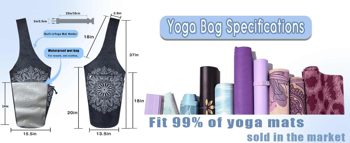 Yoga Mat Bag- Large Opening Long Tote Yoga Mat Carrier Holder Bag with High Quality Wet Zipper Pocket and Drawstring Water Bottle Pocket- Yoga Bag Fit Most Size Mats