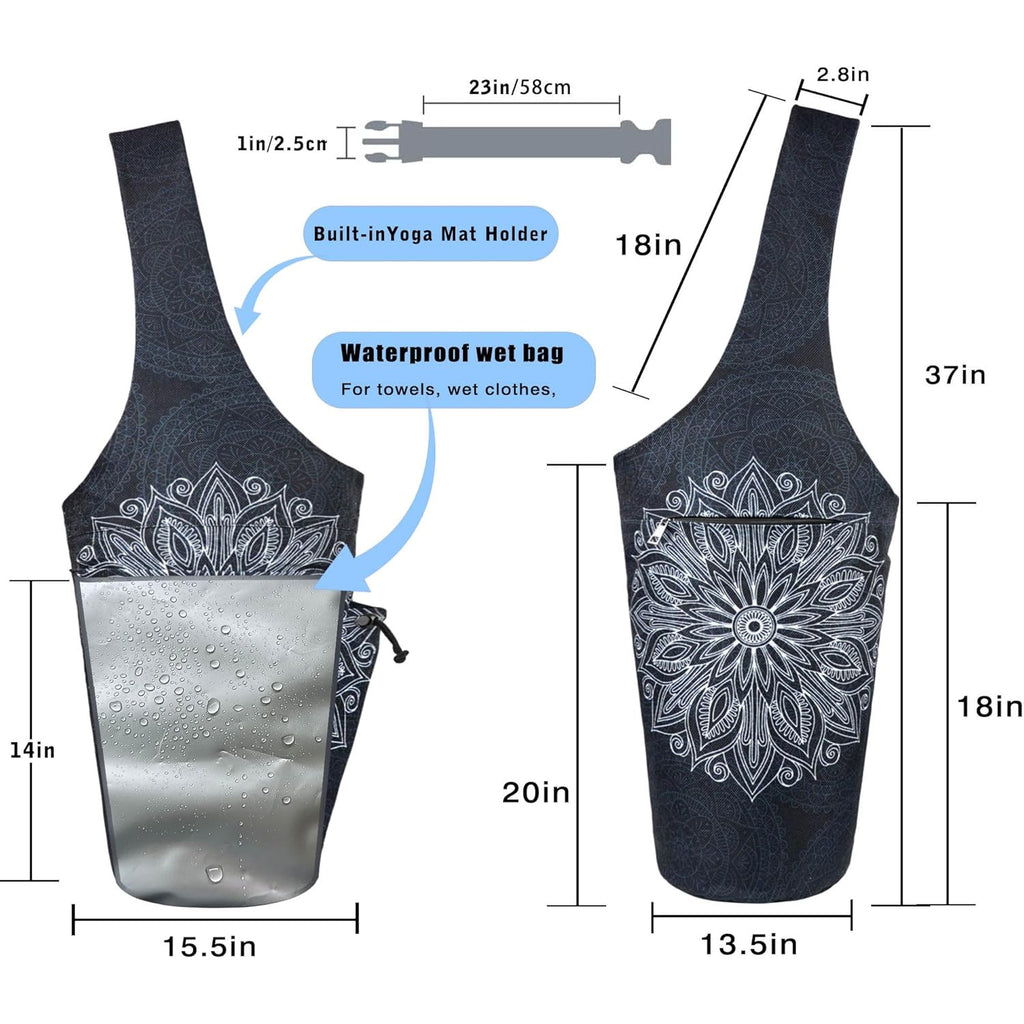 Yoga Mat Bag- Large Opening Long Tote Yoga Mat Carrier Holder Bag with High Quality Wet Zipper Pocket and Drawstring Water Bottle Pocket- Yoga Bag Fit Most Size Mats