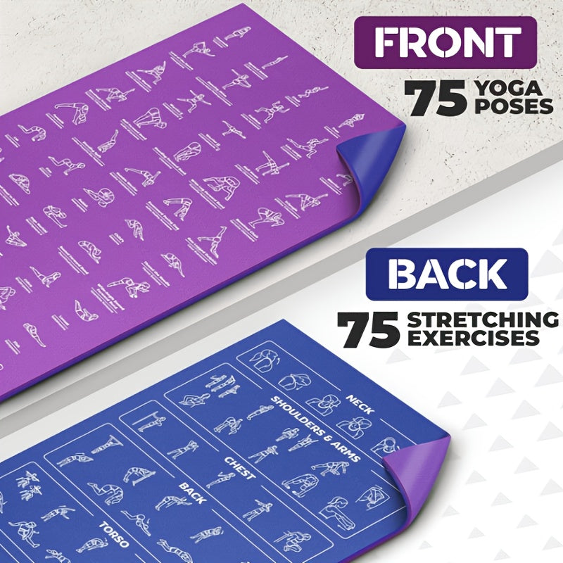 Teaching Yoga Mat with Yoga Posture Patterns and Storage Bag on Both Sides - 75 Yoga Postures with Illustrations and 75 Stretching Movements - Cute Yoga Mat Suitable for Men and Women - Non-slip, Super Thick, Flexible and Wea