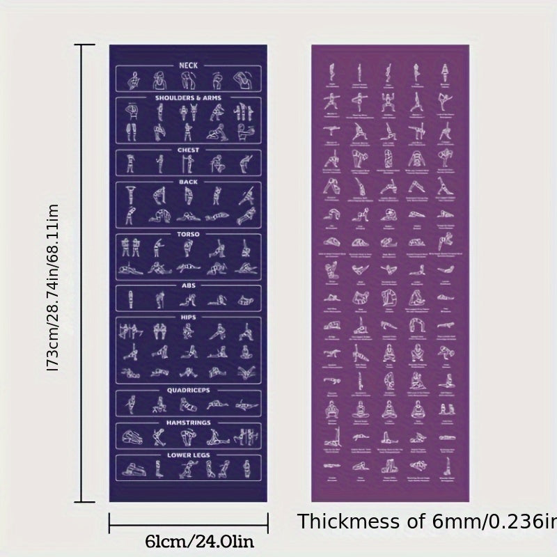 Teaching Yoga Mat with Yoga Posture Patterns and Storage Bag on Both Sides - 75 Yoga Postures with Illustrations and 75 Stretching Movements - Cute Yoga Mat Suitable for Men and Women - Non-slip, Super Thick, Flexible and Wea