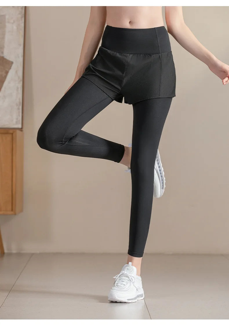 Custom Fashion New Style Fitness Running Clothing Gym Joggers Women Yoga Sports Double Layer Shorts Leggings 2 Pieces Yoga Pants