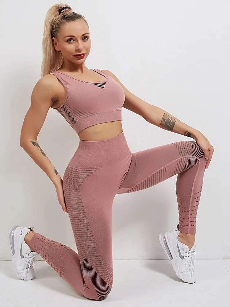 Seamless Yoga Sets Sports Fitness High Waist Hip-lifting Trousers Stretch Vest Suits Workout Clothes Gym Leggings Set for Women