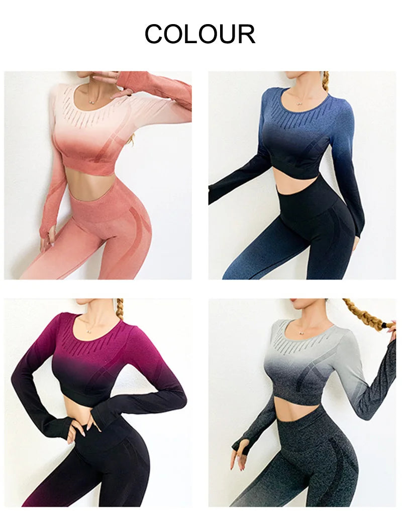 Gym Sets Seamless Sport Set Women 2 Piece Long Sleeve T Shirt Sport Leggings Yoga Sportsuit Workout Active Outfit Fitness