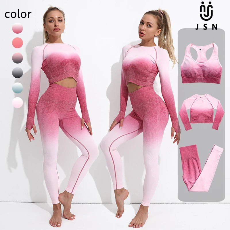 JSN Customize Long Sleeve Yoga Fitness Set Athletic Fitness Women Yoga Set Gym 2-piece Bra Seamless Women Yoga Sets
