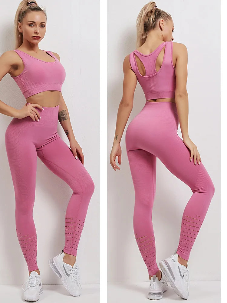 Seamless Yoga Sets Sports Fitness High Waist Hip-lifting Trousers Stretch Vest Suits Workout Clothes Gym Leggings Set for Women