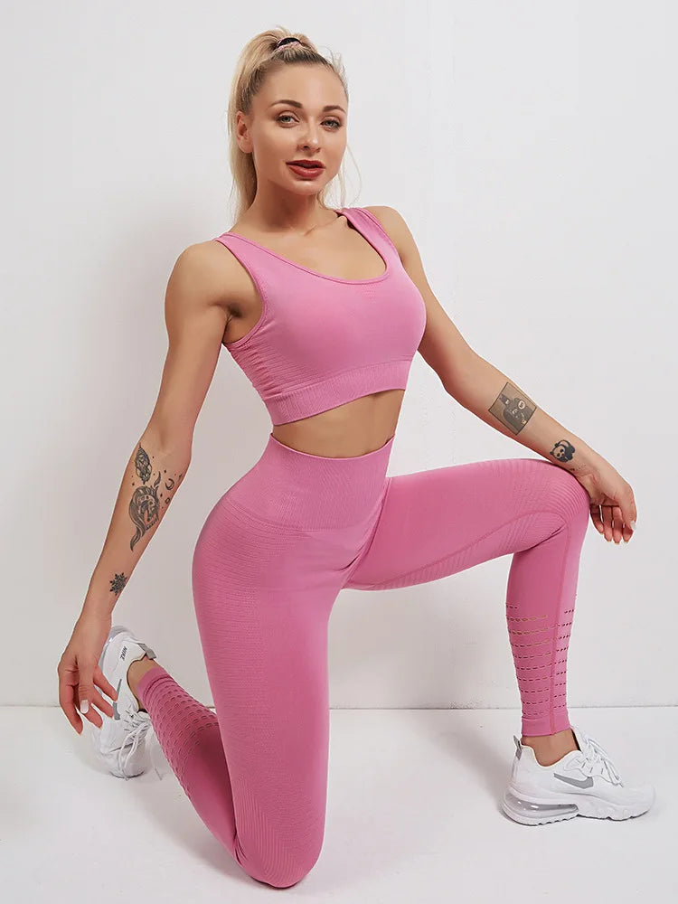 Seamless Yoga Sets Sports Fitness High Waist Hip-lifting Trousers Stretch Vest Suits Workout Clothes Gym Leggings Set for Women