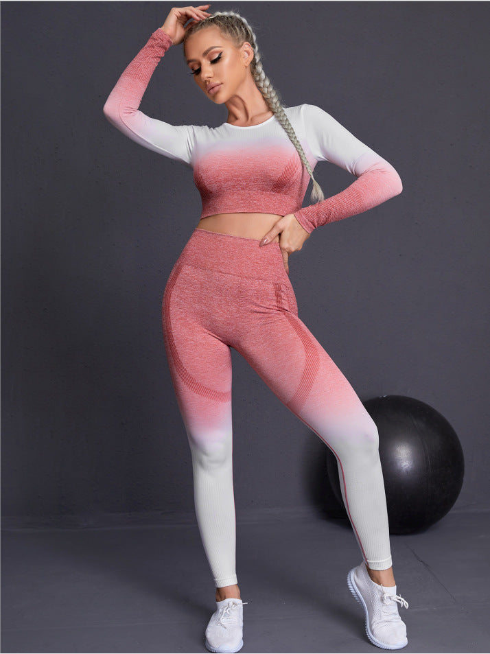 Seamless Yoga Sets Sports Fitnes High Waist Hip Raise Pants Long-Sleeved Suits Workout Clothes Gym Shorts Set for Women