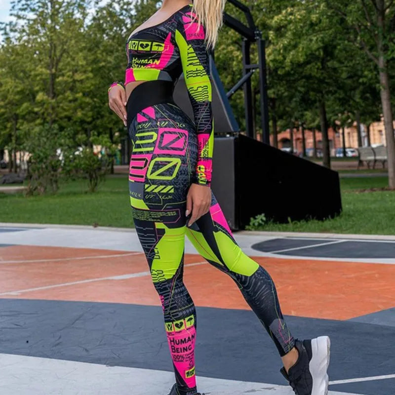 Women's Clothes Sports Yoga Set for Women Stylish Color-Block Long Sleeves Short Top&Pants Suits New 2 Piece Sets 90321