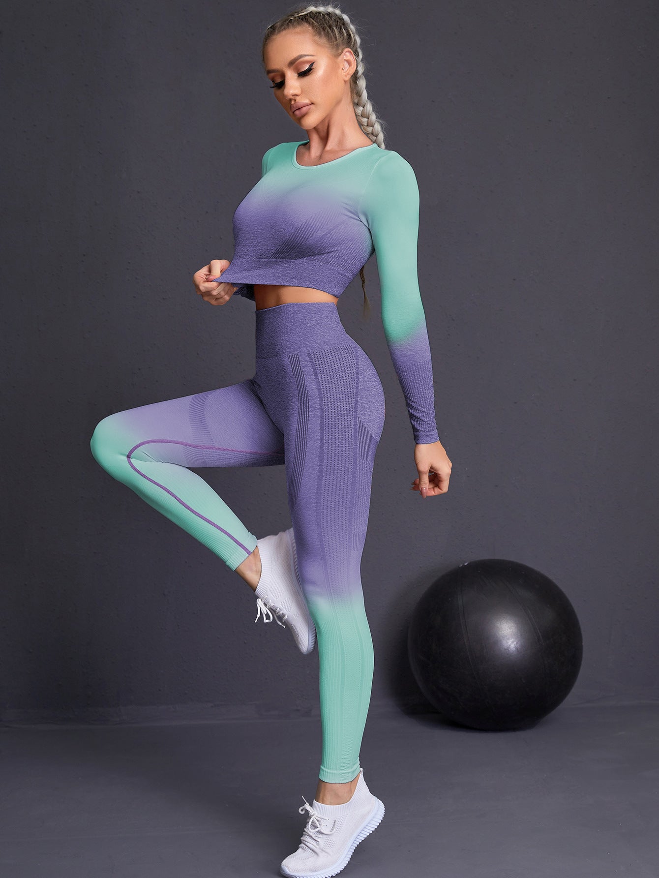 Seamless Yoga Sets Sports Fitnes High Waist Hip Raise Pants Long-Sleeved Suits Workout Clothes Gym Shorts Set for Women