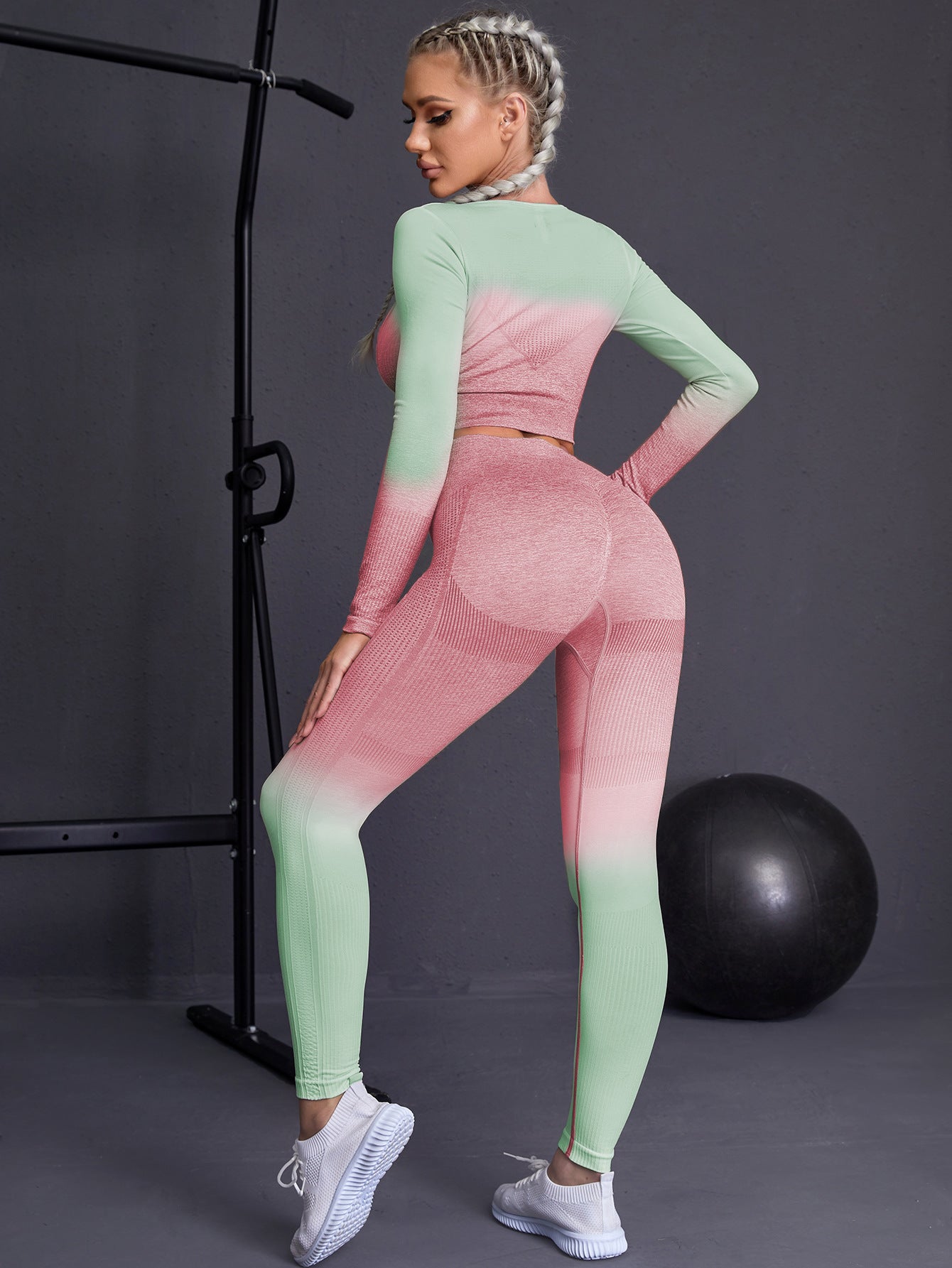 Seamless Yoga Sets Sports Fitnes High Waist Hip Raise Pants Long-Sleeved Suits Workout Clothes Gym Shorts Set for Women