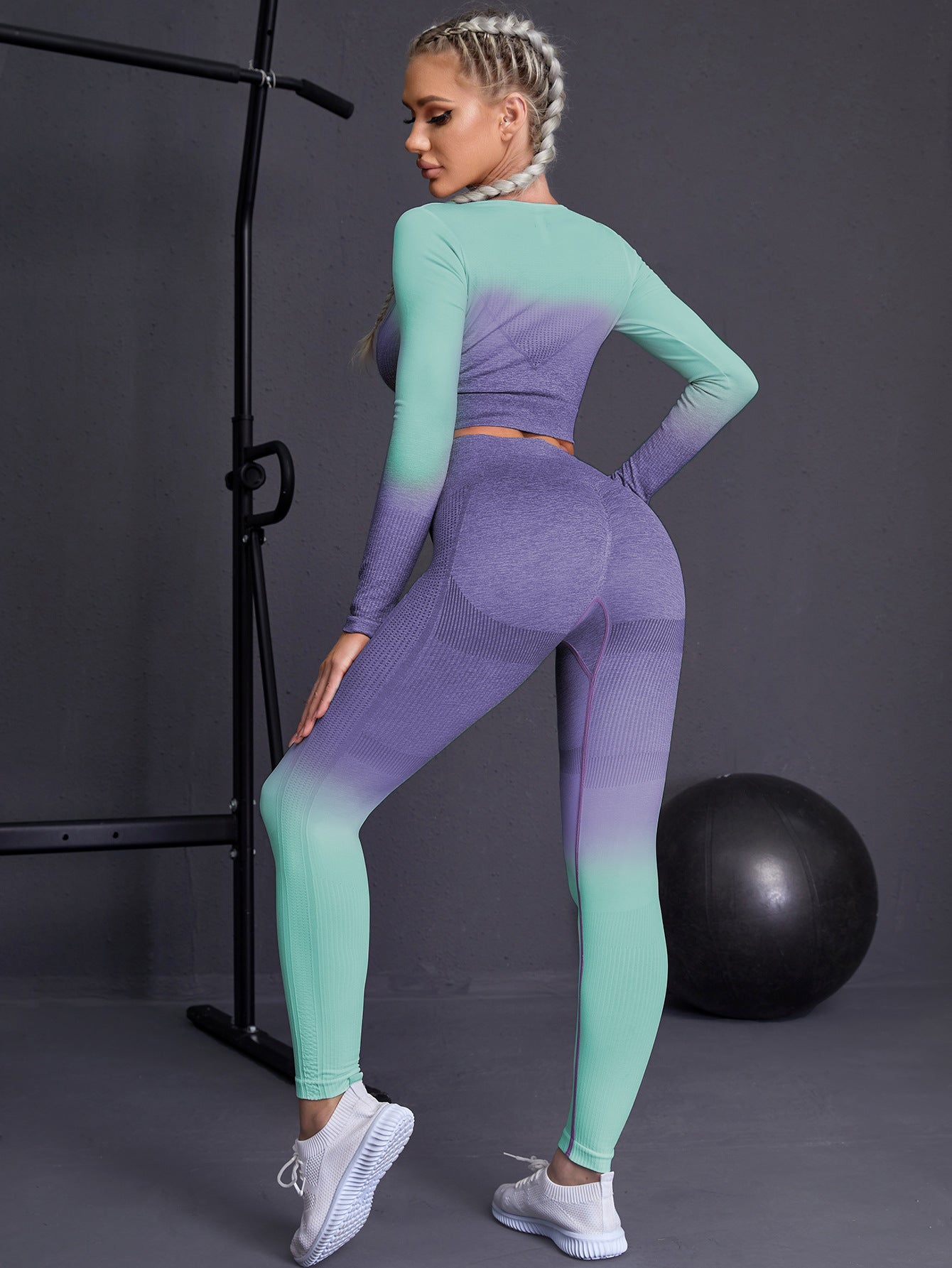 Seamless Yoga Sets Sports Fitnes High Waist Hip Raise Pants Long-Sleeved Suits Workout Clothes Gym Shorts Set for Women