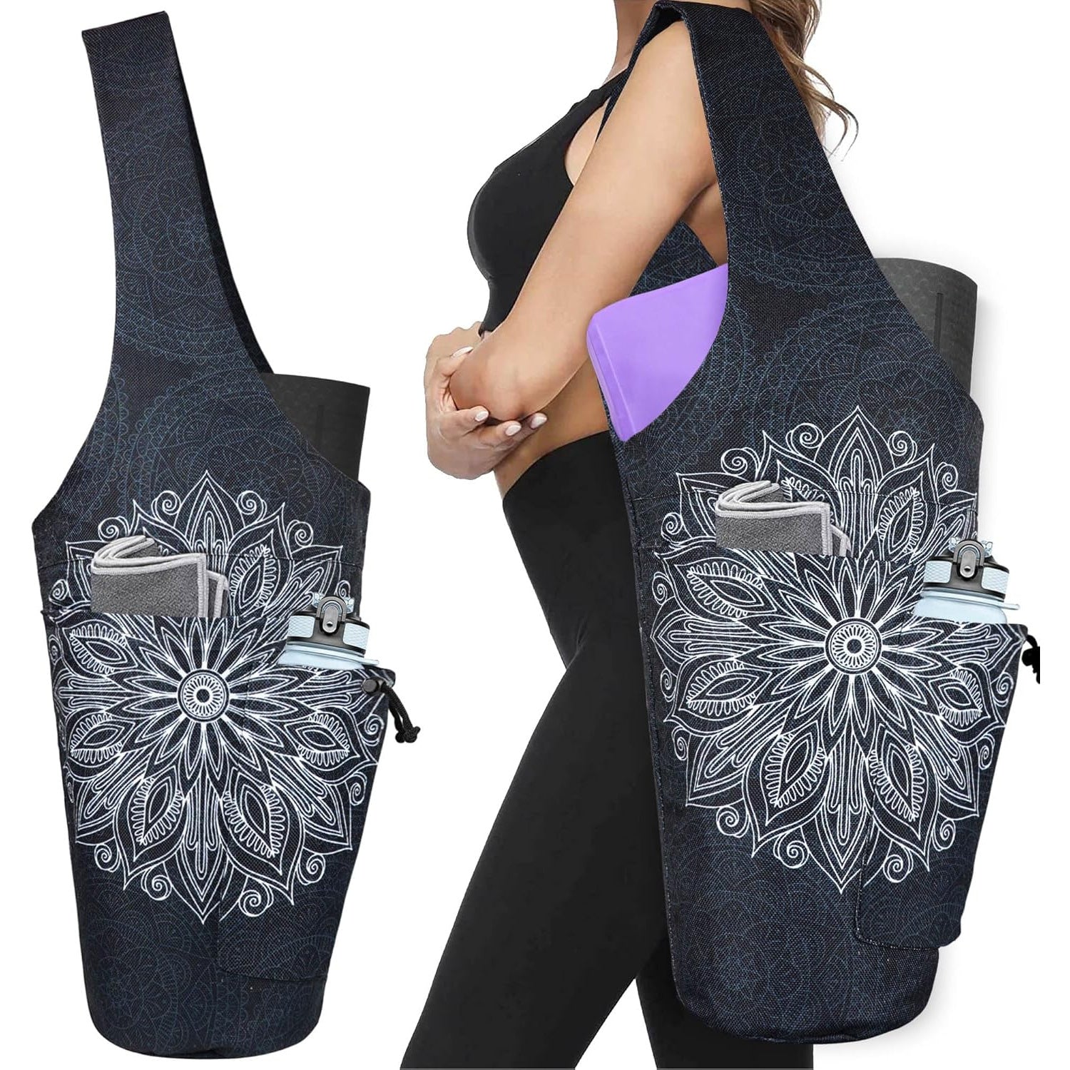 Yoga Mat Bag- Large Opening Long Tote Yoga Mat Carrier Holder Bag with High Quality Wet Zipper Pocket and Drawstring Water Bottle Pocket- Yoga Bag Fit Most Size Mats