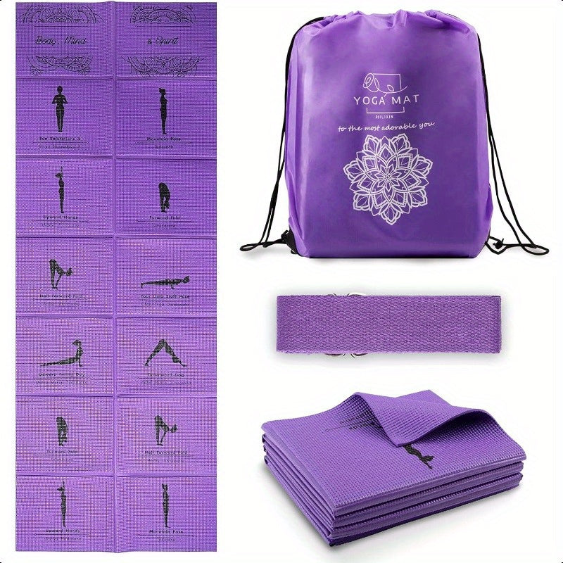 Foldable Yoga Mat for Women Non Slip Exercise Mat for Home Gym 5mm Travel Yoga Mats Set With Stretch Strap for Yoga Pilates and Fitness 68"L x 24"W x 0.2 Inch Thick