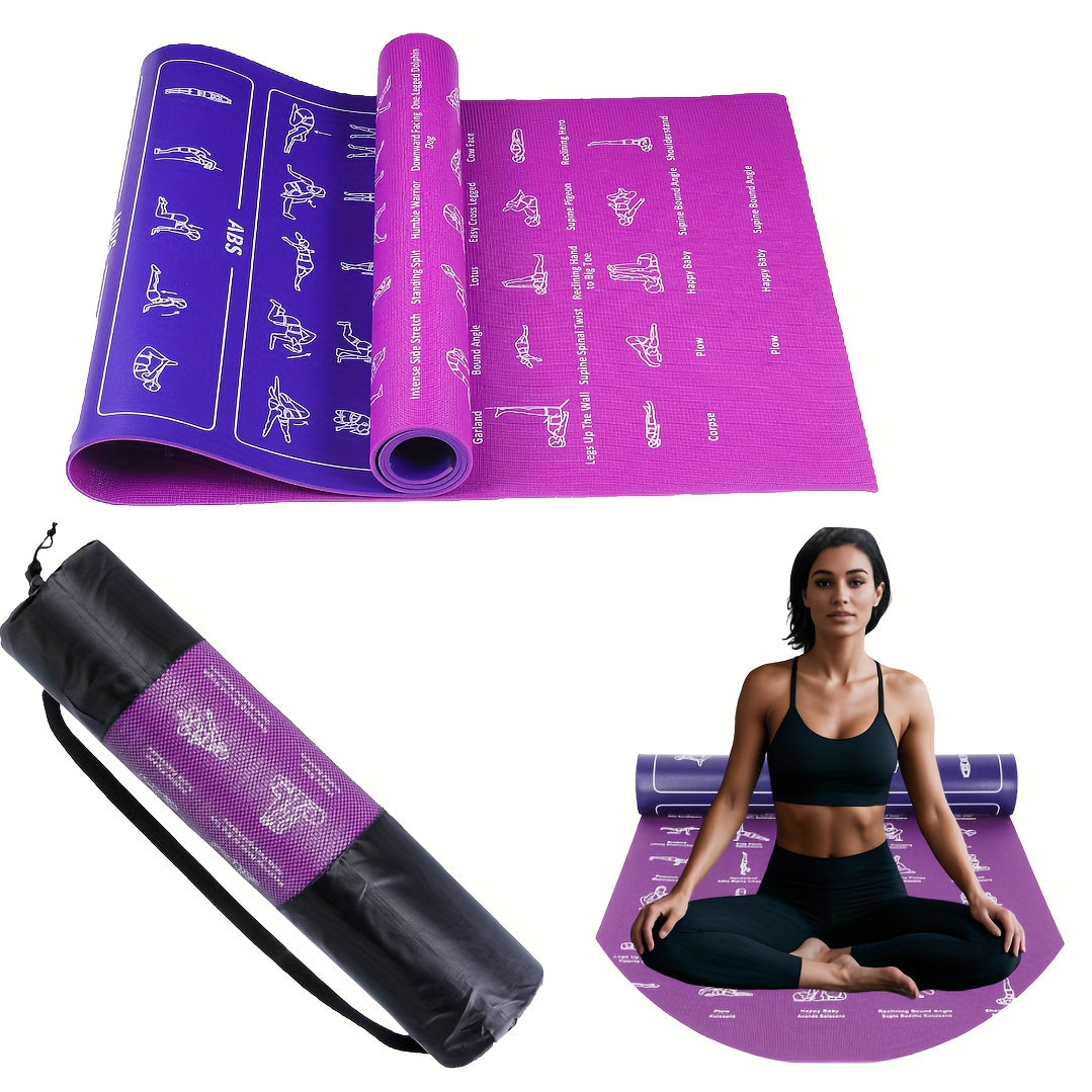 Teaching Yoga Mat with Yoga Posture Patterns and Storage Bag on Both Sides - 75 Yoga Postures with Illustrations and 75 Stretching Movements - Cute Yoga Mat Suitable for Men and Women - Non-slip, Super Thick, Flexible and Wea